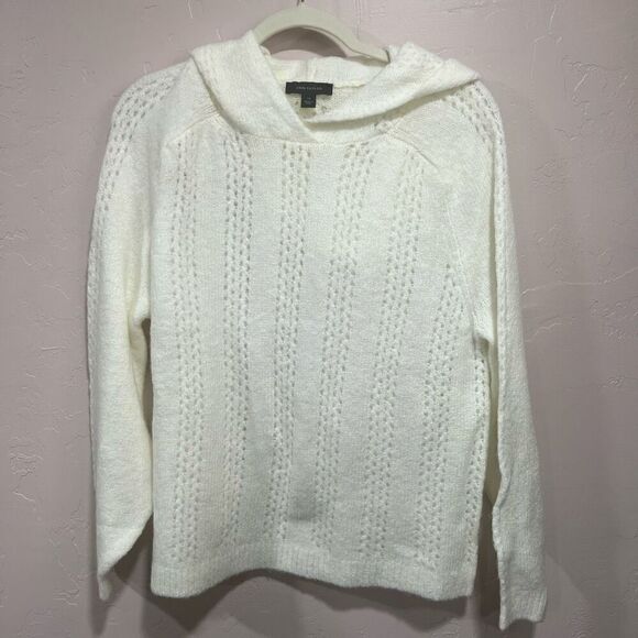 Ann Taylor Women's White Hooded Raglan Sleeve Decorative Knit Sweater - Picture 1 of 6